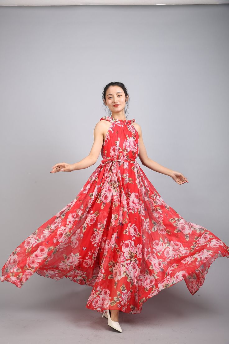 Chiffon Red Flower Long Party Dress Evening Wedding Lightweight Sundress Summer Holiday Beach Dress Bridesmaid Dress Maxi Skirt Detail Info: ❤ Color: Red flower as picture More color choice link: https://www.etsy.com/listing/213656440/chiffon-dress-color-card?ref=shop_home_feat_1 you just note the color you want with order, we will make according to your note. ❤ Material: Chiffon ❤ The dress doesn't limit the chest size and waist size, arm hole 45cm (if your upper arm circle circumference is mor Fitted Floor-length Chiffon Dress For Summer, Fitted Floor-length Chiffon Summer Dress, Red A-line Floral Dress For Summer, Red Sleeveless Chiffon Dress, Floor-length Floral Print Chiffon Wedding Dress, Floor-length Floral Chiffon Wedding Dress, Elegant Georgette Maxi Dress For Beach, Red A-line Chiffon Dress, Vacation Georgette Maxi Dress