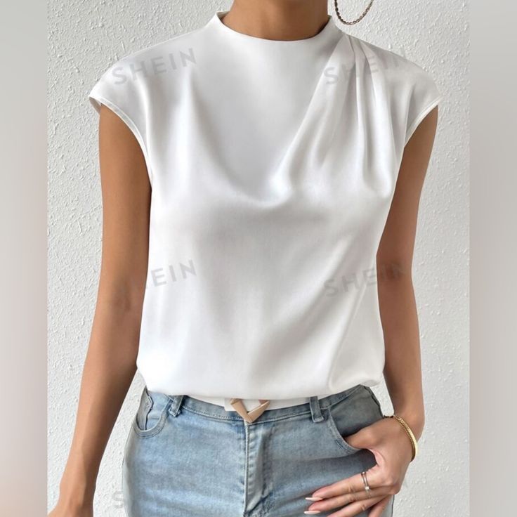 White Satin Batwing Sleeve Blouse. Nwot Size Large. White Sleeveless Blouse For Office, White Sleeveless Office Blouse, White Sleeveless Office Top, White Sleeveless Blouse For Work, Batwing Sleeve Blouse, Satin Blouse, Shein Tops, White Satin, Batwing Sleeve