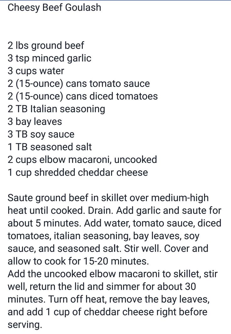 the recipe for cheesy beef goulash is shown in black and white