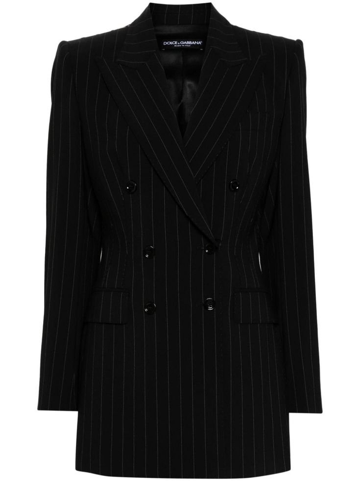 black virgin wool blend pinstripe pattern double-breasted button fastening peak lapels long sleeves buttoned cuffs chest welt pocket dart detailing two side flap pockets central rear vent full lining shoulder pads straight hem Dolce Gabbana Jacket, Pinstripe Pattern, City Dress, Summer Beach Wear, Ski Wear, Wool Blazer, Black Blazers, Outerwear Women, Dart