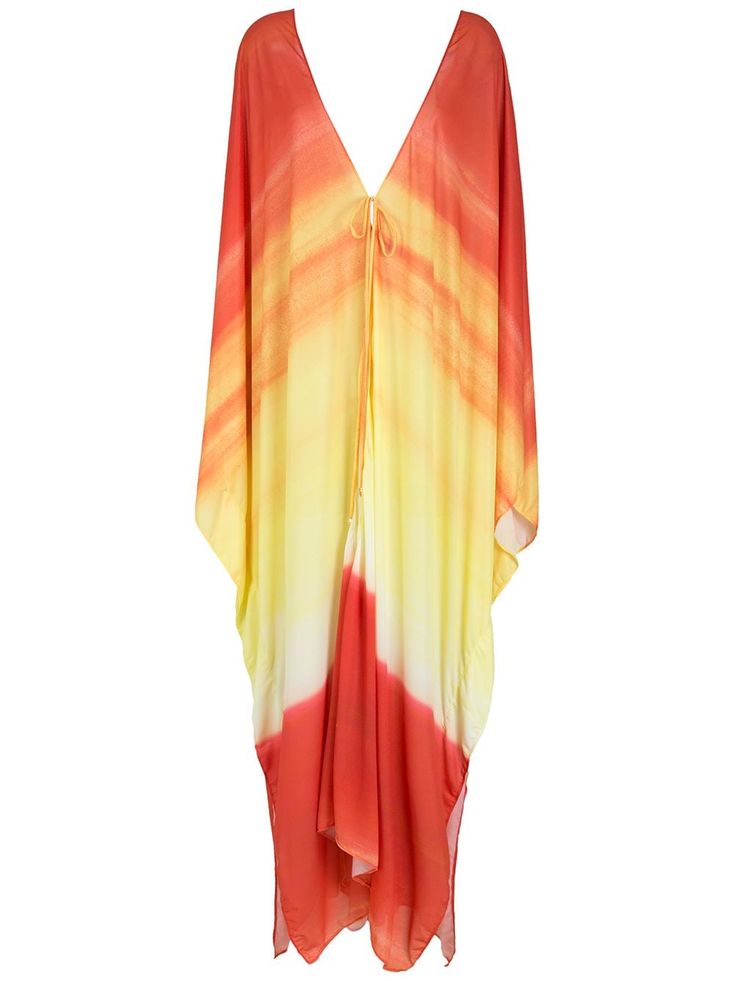 Orange/yellow printed beach dress from AMIR SLAMA featuring V-neck, all-over print and loose fit. Orange V-neck Maxi Dress For Beach, Orange V-neck Summer Beach Dress, Beachwear V-neck Cover-up For Daywear, V-neck Beachwear Cover-up For Daywear, Resort Season Poolside V-neck Dress, Orange V-neck Maxi Dress For Beach Cover-up, V-neck Beach Dress For Resort Season, Yellow Beachwear Kaftan For The Beach, Summer Beachwear Kaftan For Daywear