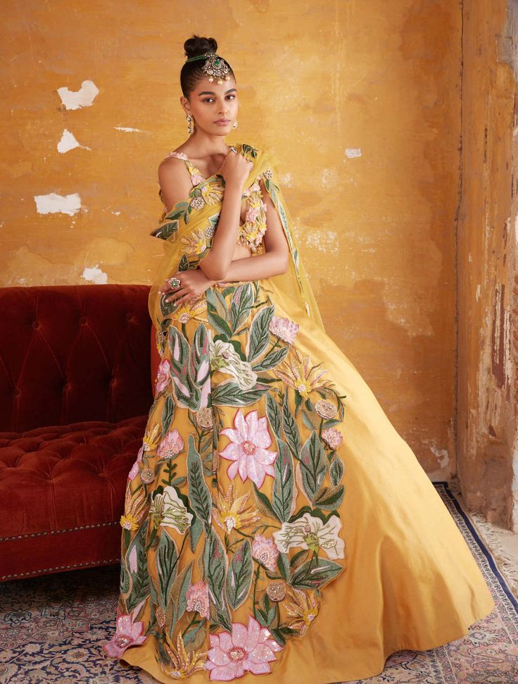 Varun Bahl | Tuscan Yellow Embroidered Lehenga Set | INDIASPOPUP.COM Drape Lehenga, Blouse Lehenga, Blouse Yoke, Lehenga Dupatta, Beads Embroidery, Embroidered Lehenga, Lehenga Collection, Yellow Skirt, Embroidered Dupatta