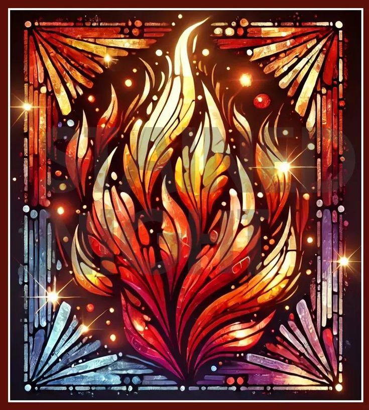 a stained glass window with an artistic design in the center and sparkles around it