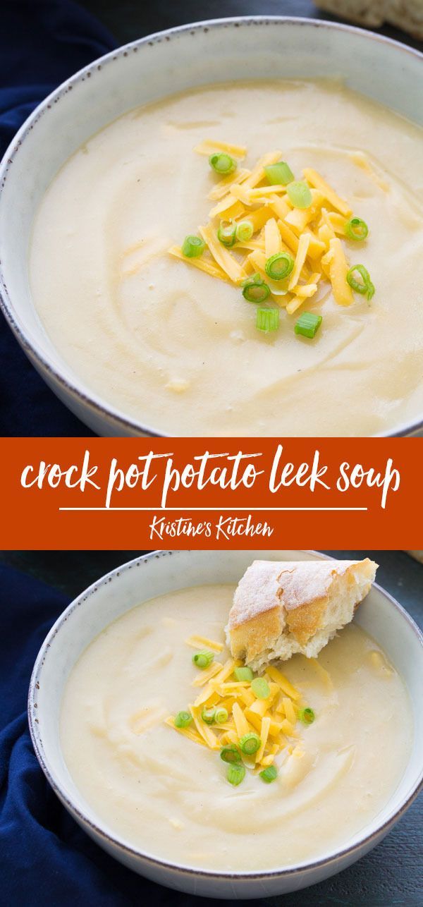 two bowls filled with soup on top of a blue table cloth and the words crock pot potato leek soup