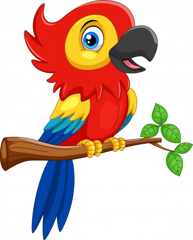 cartoon red and yellow parrot sitting on tree branch