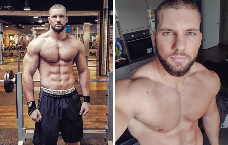 a man without a shirt is standing in front of a gym machine and next to an image of his chest