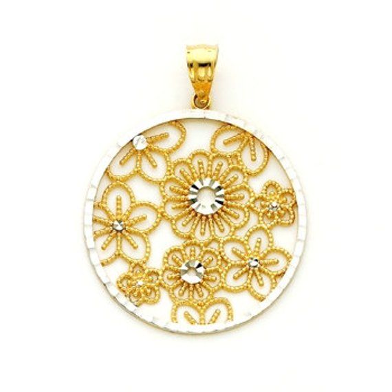 14K Two-Tone Circular Floral Pendant, Floral Pendant, Floral Jewelry, Circular Pendant, Circular Jew Exquisite White Filigree Necklaces, Exquisite White Filigree Necklace, Exquisite White Gold Filigree Jewelry, Diamond Filigree Round Pendant Jewelry, White Round Necklaces With Intricate Design, White Necklace With Intricate Round Design, White Round Necklace With Intricate Design, Exquisite White Engraved Jewelry, Exquisite Engraved White Jewelry