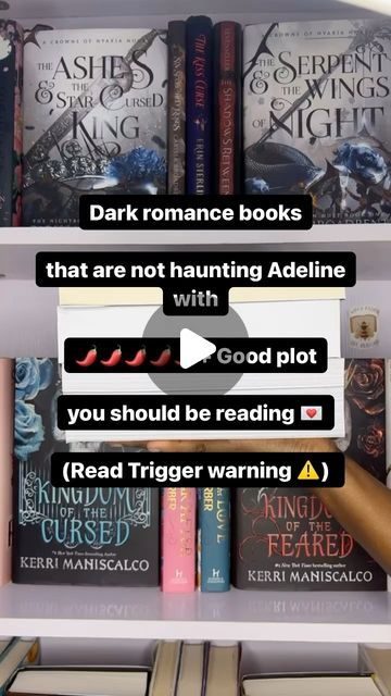 there are many books on the shelves with captions in english and spanish that say,'dark romance books that are not hunting adelinne with god plot you should be reading read