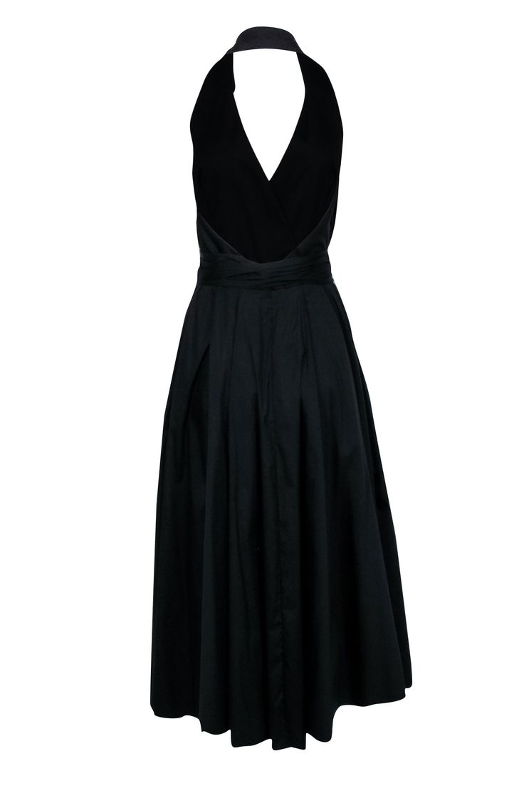 Make a chic statement in this elegant Milly halter dress. This dress showcases a spread collar, a deep v-neckline, and a sash for added sophistication. The A-line skirt, pleated back, and open back design, along with two functional pockets make this the ultimate choice for special events. Elevate this dress by pairing with strappy stilettos and a bold clutch for a glamorous touch completed with delicate gold jewelry. Size 10 Shell 75% Cotton 20% Polyamide 5% Elastane Unlined Spread collar w/ dee Elegant V-neck Maxi Dress With Pleated Back, Fitted Pleated V-neck Dress For Evening, Elegant V-neck Halter Dress, Elegant Formal V-neck Dress With Pleated Bodice, Elegant V-neck Halter Dress For Parties, V-neck Pleated Formal Dress, Elegant Spring V-neck Dress With Pleated Bodice, Elegant Lined Halter Neck Dress, Summer Formal Halter Dress With V-neck