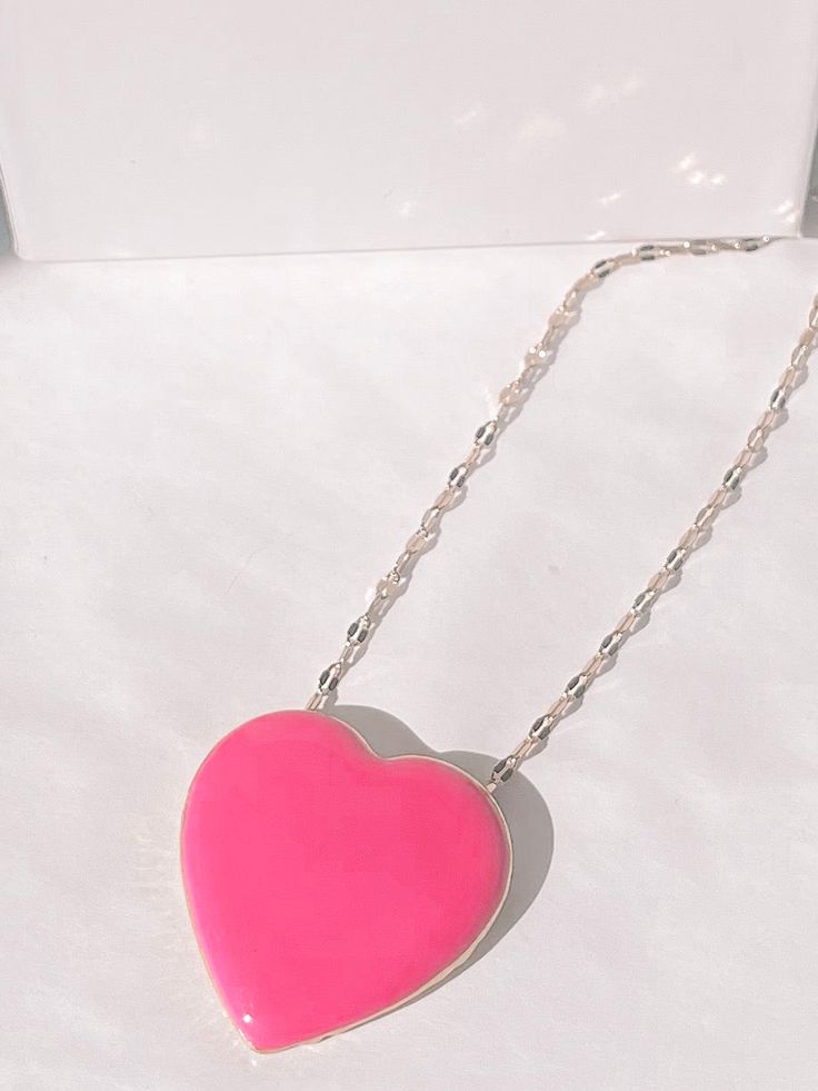 Peppy Pink Heart Necklace | Sassy Shortcake Pink Heart Pendant Jewelry For Party, Trendy Heart Charm Earrings For Valentine's Day, Trendy Pink Sterling Silver Necklaces, Trendy Pink Sterling Silver Necklace, Pink Heart Necklace With Adjustable Chain, Trendy Pink Sterling Silver Jewelry, Pink Heart Pendant Necklace For Party, Cute Pink Sterling Silver Necklaces, Trendy Heart Pendant Necklace For Valentine's Day