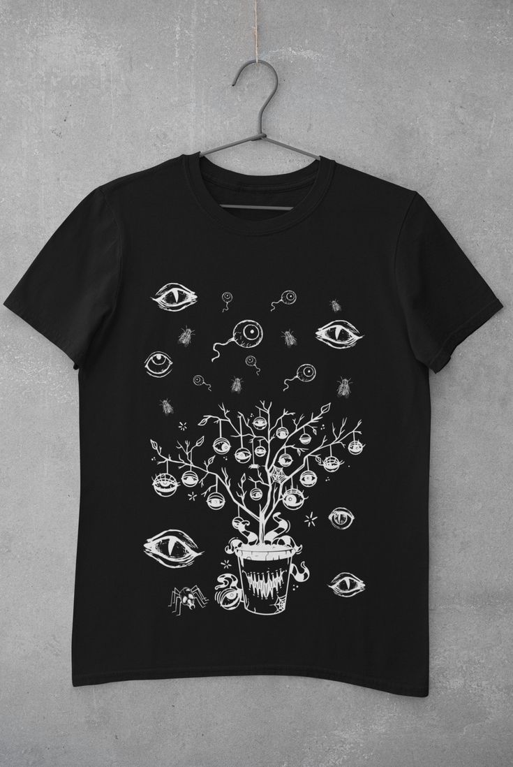 Thanks for stopping by! Eyeballs T-shirt Printed on a super soft, cotton tee Dispatched in 5 working days or sooner Unisex Free UK delivery Material: 100% ringspun cotton. Chest (to fit): S  34/36   M  38   L  40/42   XL  44/46   XXL  48/50 ECO-FRIENDLY Each garment is made to order, reducing extra material and energy that would be otherwise wasted We use DTG printing process which is easier on the environment than screen-printing Our ink is bright and also eco-friendly. Do not tumble dry. Wash Black Goblincore Top With Graphic Print, Black Fairy Grunge T-shirt For Streetwear, Black Fairy Grunge Tops For Halloween, Fairy Grunge Black Halloween Top, Fairy Grunge Halloween T-shirt With Crew Neck, Halloween Fairy Grunge T-shirt With Crew Neck, Black Goblincore Tops For Halloween, Black Fairy Grunge Cotton T-shirt, Halloween Fairy Grunge Tops