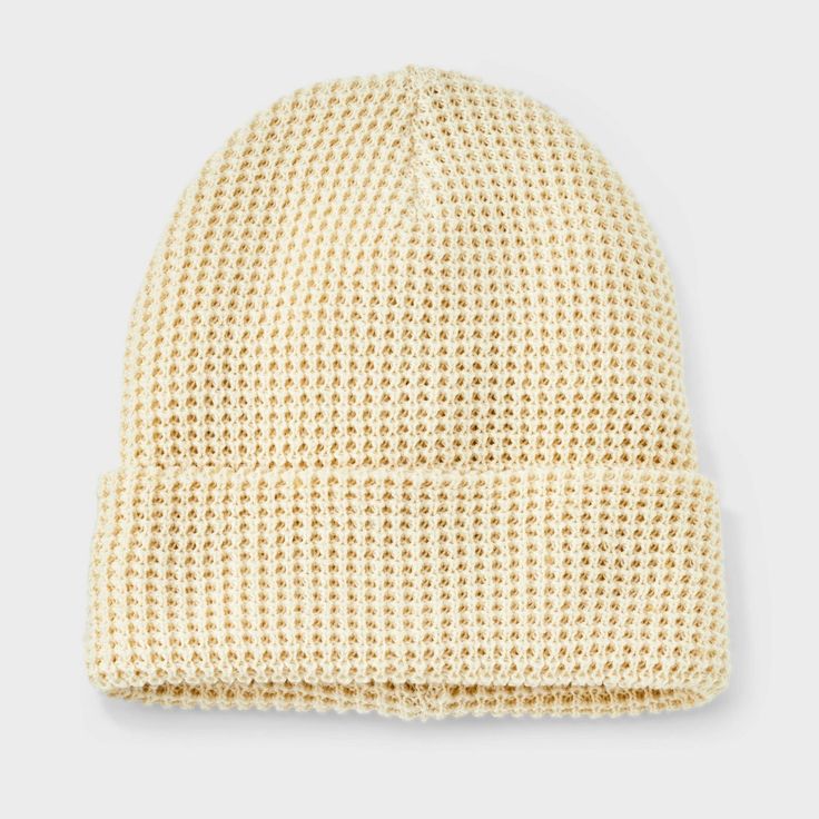 Add a stylish touch of cozy texture to your ensembles with this Recycled Polyester Waffle Knit Beanie from Goodfellow & Co™. Made from recycled polyester fabric with a double-layered knit construction, this waffle beanie provides a comfortable fit for all-day wear, and the pull-on style makes it easy to put on or take off. Goodfellow & Co™: Feel good in what you wear, anywhere. Cream Knit Beanie One Size, Cream Soft Knit Beanie, Beige Knitted Beanie, Cream Knit Hat For Fall, Beige Knit Beanie, Casual Beige Knit Beanie, Cozy Cream Beanie For Fall, Fur Trapper Hat, Straw Panama Hat