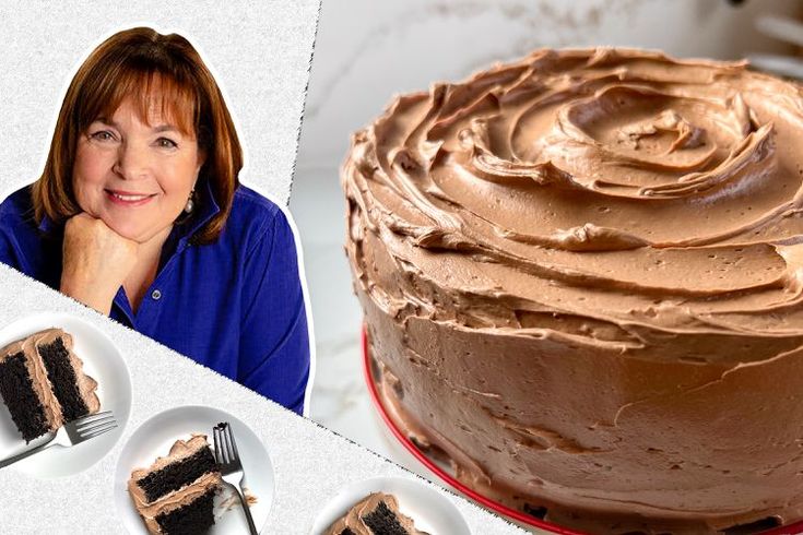 a woman sitting in front of a cake with chocolate frosting