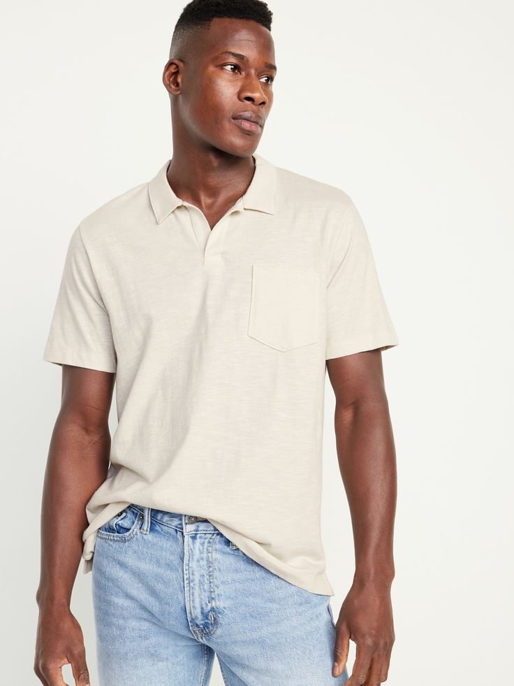 spread collar short sleeves patch chest pocket vented sides relaxed chest and sleeves with a roomier waist hits below waist model is approx.  6'1" and wears size mmachine wash according to the care instruction label Relaxed Fit Short Sleeve Top With Flap Pockets, Collared Beige Top With Patch Pockets, Beige Collared Top With Patch Pockets, Classic Short Sleeve Tops With Flap Pockets, Collared Solid Color Polo Shirt With Pockets, Casual Beige Polo Shirt For Spring, Solid Color Summer Polo Shirt With Pockets, Summer Solid Polo Shirt With Pockets, Classic Short Sleeve Polo Shirt With Pockets