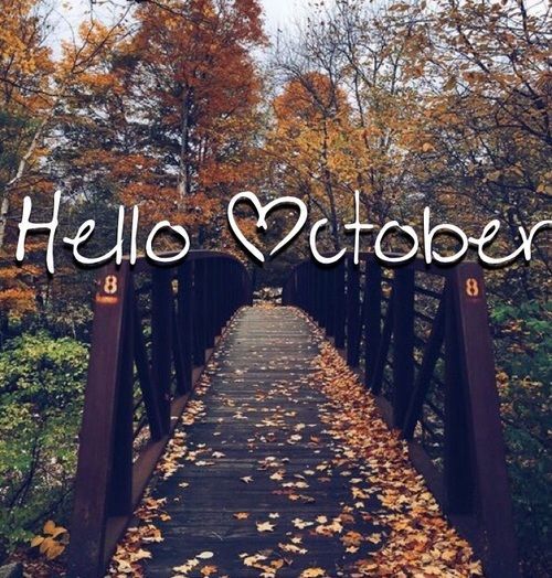 the words hello october are overlaid with leaves on a bridge that leads to a wooded area