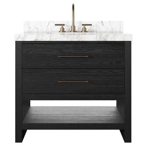 an image of a bathroom vanity with marble top and gold faucet on it