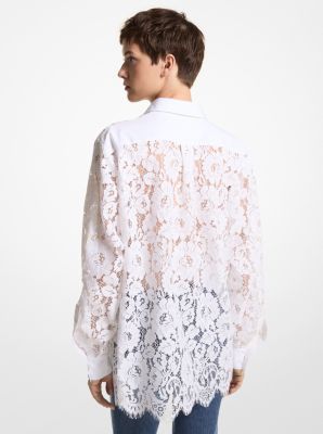 A classic point collar and bib inset add modesty to this sheer floral lace shirt. Finished with crisp cotton cuffs and a scalloped lace hem, it looks as sophisticated with the season’s denim as it does with a bias-cut skirt. Made in Italy. Elegant Summer Tops With Cutwork Hem, Scalloped Lace Blouse For Fall, Elegant Spring Top With Cutwork Hem, Elegant Tops With Cutwork Hem For Spring, Spring Long Sleeve Blouse With Scalloped Lace, Long Sleeve Scalloped Lace Blouse For Spring, Chic Spring Tops With Cutwork Hem, Elegant Spring Cotton Lace Top, Elegant Cotton Lace Top For Spring