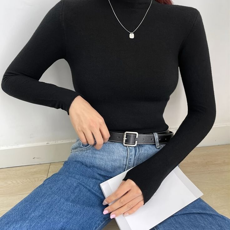 Solid color Black Viscose Black High Neck Sweater, Turtle Neck Outfits, Black Long Sleeve Outfit, Long Sleeve Outfits, Winter Capsule Wardrobe, Y2k Black, High Neck Sweater, Long Sleeve Pullover Sweater, Cute Fall Outfits