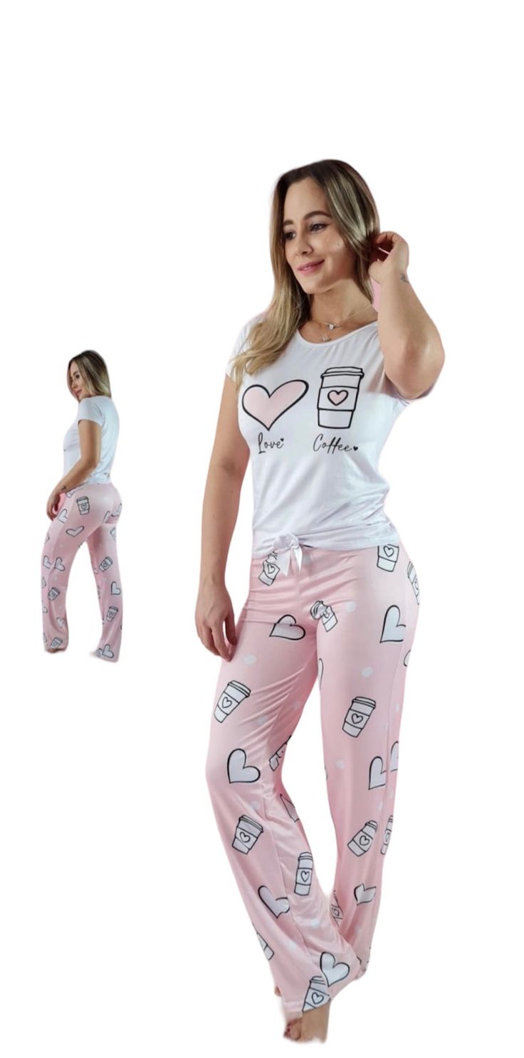 Made with a soft, breathable and comfortable fabric, this pajama set is perfect for a good night's sleep or lounging around the house. Made in Colombia with high quality materials. Pajama set with a love/coffee design on a white t-shirt and long pink pants. Comfortable Pink Bedtime Set, Comfortable Pink Loungewear Sets, Pink Cotton Casual Sleepwear, Casual Pink Cotton Sleepwear, Comfortable Relaxed Fit Pajama Party Sets, Casual Cotton Sleepwear For Sleepovers, Comfortable White Sleepwear Set, Comfortable White Sleep Set, Cute Relaxed Fit Sleepwear Sets