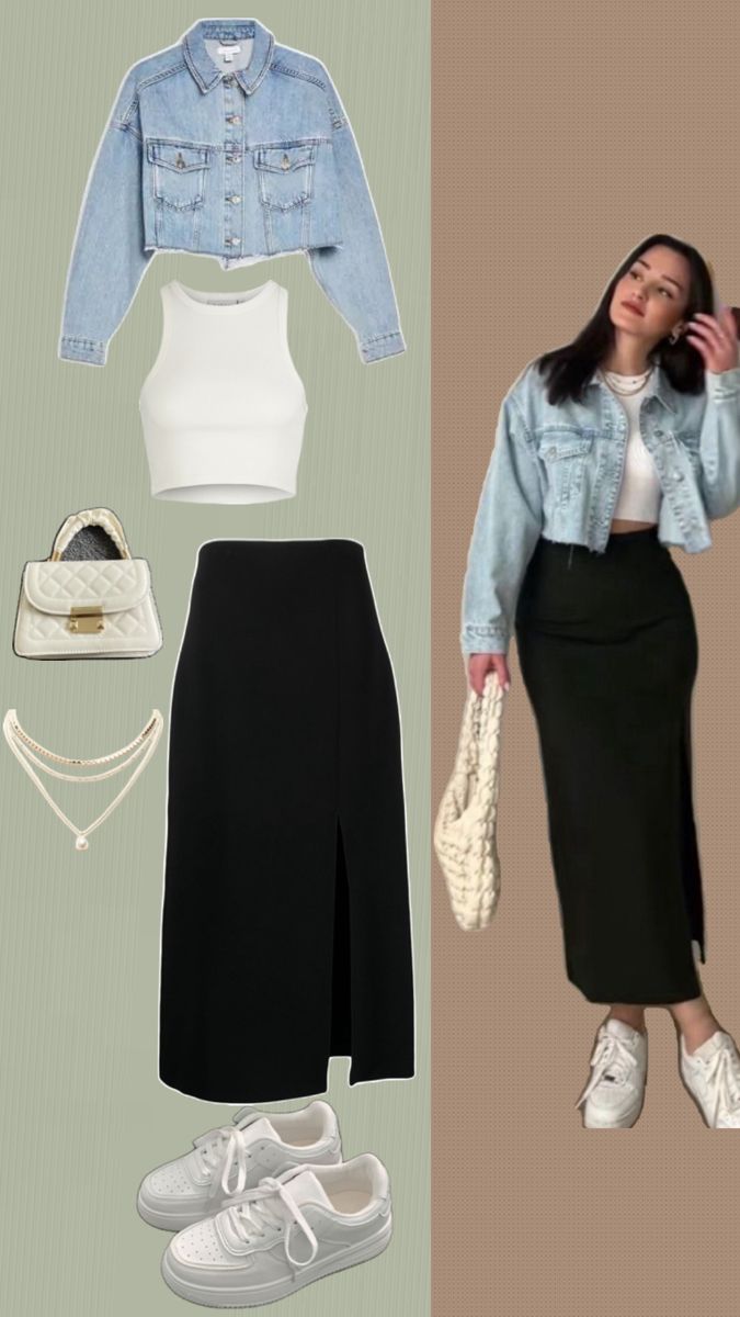 Women’s outfit idea Long Skirt With Jean Jacket, Outfit Ideas With White Crop Top, Crop Jacket And Skirt Outfit, Crop Demin Jacket Outfit, Cropped Jacket And Skirt Outfit, Denim Skirt With Black Top, Winter Outfit With Denim Jacket, Crop Top Modest Outfit, Crop Denim Jacket Outfit Women