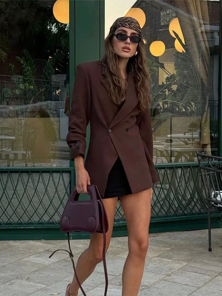 TAVIMART - Casual Brown Lapel With Pocket Jacket Woman Fashion Cuff Buttons Long Sleeve Blazer Coat 2024 Lady Autumn High Street Outwear Cardigan Rosa, Mode Mantel, 2024 Aesthetic, Outfit Street, Suit Jackets For Women, Tailored Coat, High Street Fashion, Slim Fit Dresses, Long Sleeve Blazers