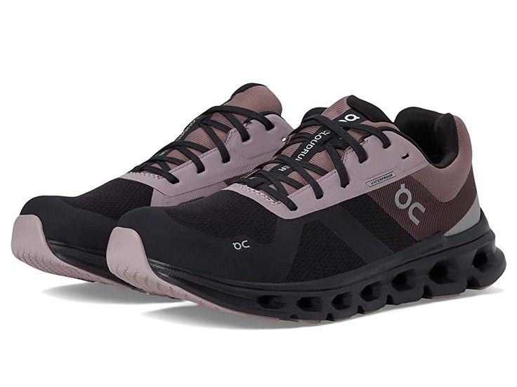 On Cloudrunner Waterproof 1 - Women's Shoes : Black/Grape : Run without worrying about the rain by wearing On Cloudrunner Waterproof 1 sneakers. Waterproof textile and synthetic upper. Breathable textile lining. Removable textile insole. Lace-up closure. Padded collar. Iconic logo on the side. Raised round toe silhouette. Synthetic outsole. Imported. Please note that ONLY the On Cloud 50/50, Cloud 70/30, Cloud Terry, and Cloud running shoes feature an extra pair of conventional laces, along with Black Gym Shoes Women, Black Casual Shoes Women, Oncloud Sneakers Outfit Women, Best Gym Shoes Woman, On Cloud Shoes Black, Women’s Running Shoes, Black On Clouds, On Cloud Womens Shoes, On Cloudrunner