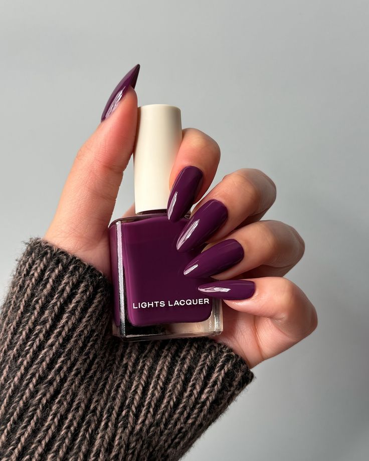 Lights Lacquer, Home for the Harvest 🧺 The purple we’ve been missing 😍💜 Figgy Delight, a plum purple polish with a creme finish • use code COLORNOOK to save on your purchase @lightslacquer • use code THECOLORNOOK to save on your purchase @nominal #lightslacquer #homefortheharvest #fallnails #fallnailcollection #nailpolishswatch #nailswatch #nailinspo #purplenails #fignails #auberginenails #figgydelight purple crème nail polish autumn fall Fall Nails 2024 Purple, Deep Purple Nails Fall, Autumn Nails Purple, Grape Purple Nails, Plum Nails Acrylic, Fall Nails Plum, Plum Color Nails, Plum Colored Nails, Plum Fall Nails