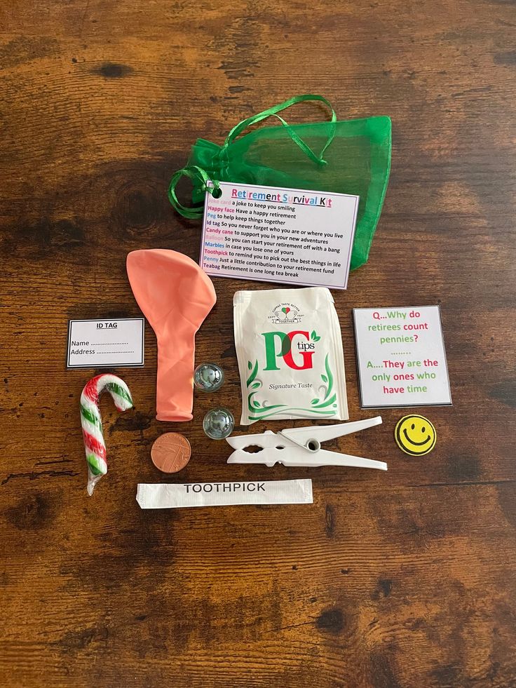 the contents of a candy cane making kit laid out on a wooden table