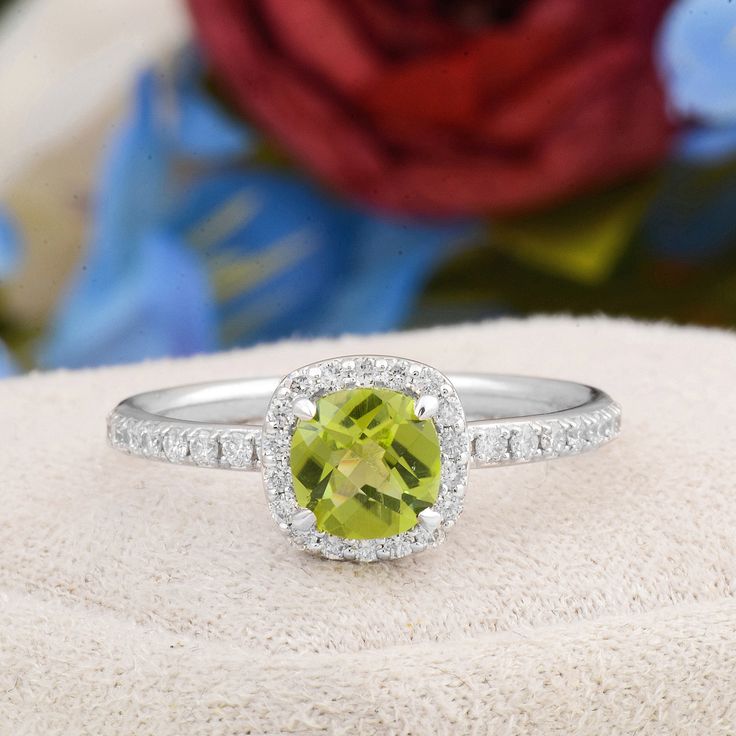 Description : 14K Solid Gold Natural Green Peridot Engagement Ring, Cushion Cut Peridot Gemstone Ring, Certificated Genuine Green Peridot Dainty Ring Diamond : 0.32 CT. F / SI (34 piece) Natural Green Peridot : 0.91 CT. (1 piece) Gram 2.62 (It may differ depending on the ring size) Product Code: MR0011866 This product belongs to Tilya Jewelery private collection . You can browse our store for other special collection products. All of our products are stamped and made of solid gold . All of our p Green Peridot Birthstone Ring With Prong Setting, Peridot Diamond Ring With Gemstone For Anniversary, Peridot Diamond Ring With Round Cut, Peridot Round Cut Diamond Ring, Peridot Diamond Ring For May Birthstone, Green Peridot Diamond Ring With Accent Stones, Fine Jewelry Lime Green Gemstone Ring, Fine Jewelry Diamond Ring With Peridot, Peridot Rings With Halo Setting For May Birthstone