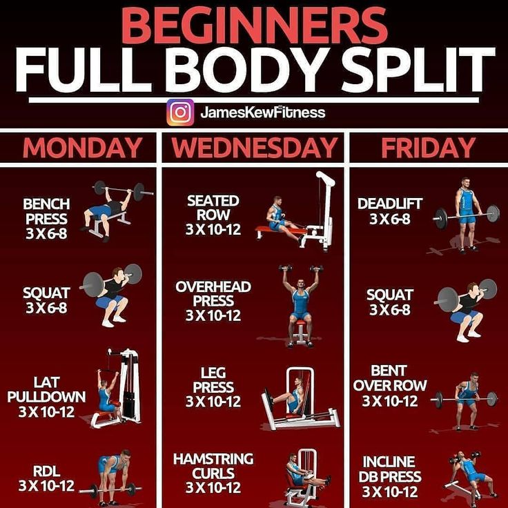 the full body split workout plan for beginners is shown in red and black, with instructions