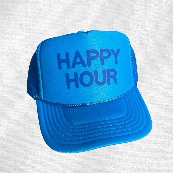 Be bold and make a statement with your style wearing the Happy Hour Trucker Hat. This fun foam trucker hat features a stylish monochrome design and breathable mesh back. An ideal accessory to express your personality and make a statement. Get ready for happy hour! Monochrome Design, Neon Blue, Be Bold, The Happy, Happy Hour, Trucker Hat, Neon, Mesh, Hats