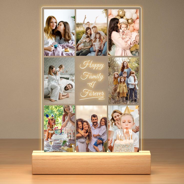 a family photo collage is displayed on a wooden stand