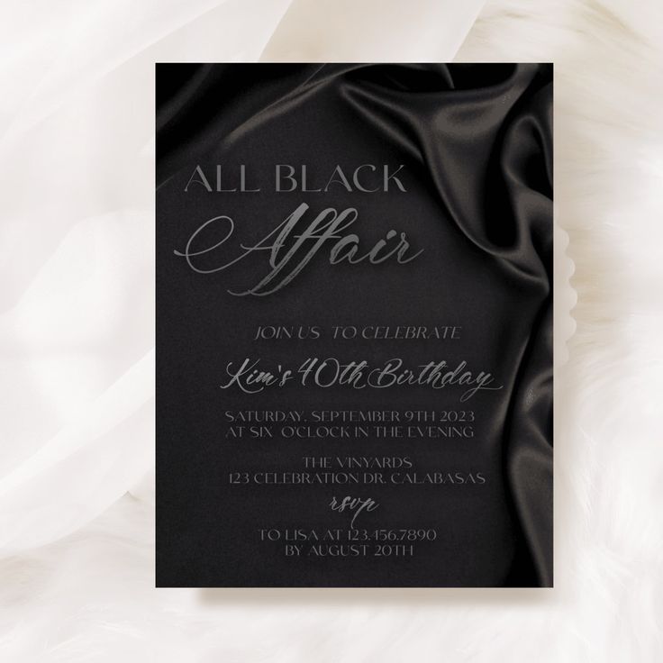 an all black affair party card with silver foil lettering on the front and back cover