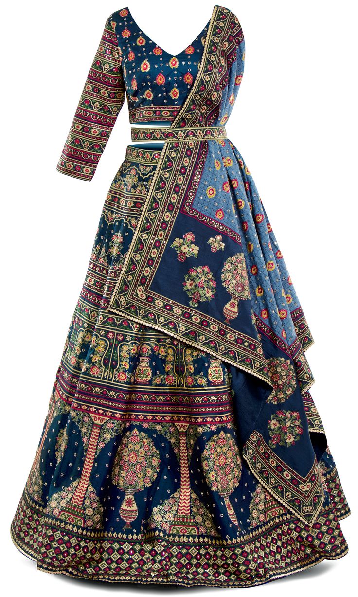 This traditional 4 piece stunner is a whole vibe! The fabric is a soft banasari silk and the entire lehenga has beautiful, delicate, embroidery. The set comes with a belt that you can simple wear around your waist as an accessory or wrap your shawl in place with. With it's vibrant colors, this lehenga is all about slaying weddings and all Indian festivities! Prefer the skirt and shawl with a sleeveless blouse? Let us know and we will make it happen :) Semi-stitched Silk Bohemian Sharara, Bohemian Semi-stitched Silk Sharara, Bohemian Anarkali Set With Motifs For Designer Wear, Semi-stitched Jamawar Sets With Motifs, Bohemian Silk Anarkali Set With Traditional Drape, Festive Silk Bohemian Anarkali Set, Bollywood Style Jamawar Choli For Eid, Bohemian Style Designer Lehenga With Pallu, Bohemian Designer Raw Silk Sets