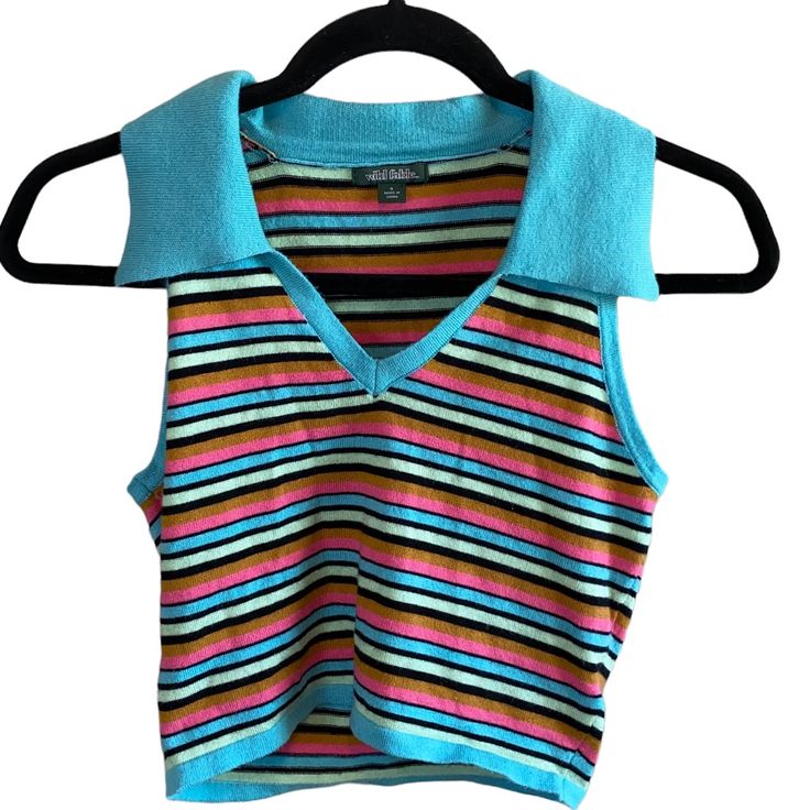 Nwot Wild Fable Striped Sleeveless Collared V Neck Crop Sweater Super Soft Length: 15” Pit To Pit Lying Flat: 15” Size: S Trendy Striped Vest For Spring, Trendy Multicolor Cotton Vest, Retro Blue Vest For Spring, Multicolor Sweater Vest For Summer, Trendy Multicolor Sleeveless Tops, Blue Tank Vest For Spring, Cotton Sleeveless Sweater Vest, Casual Multicolor Sweater Vest For Summer, Trendy Blue Vest Top