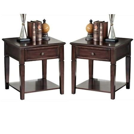 two end tables with books and vases on each side, one is turned down