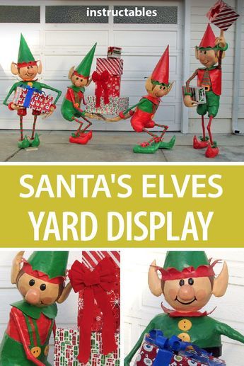 some very cute elf statues in front of a garage with the caption santa's elves yard display