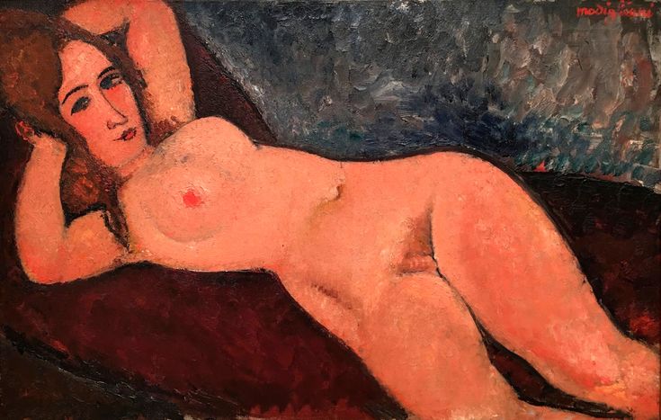 a painting of a naked woman laying on a bed with her arm behind her head