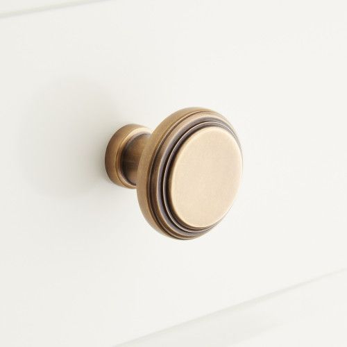 a close up of a door handle on a white cabinet