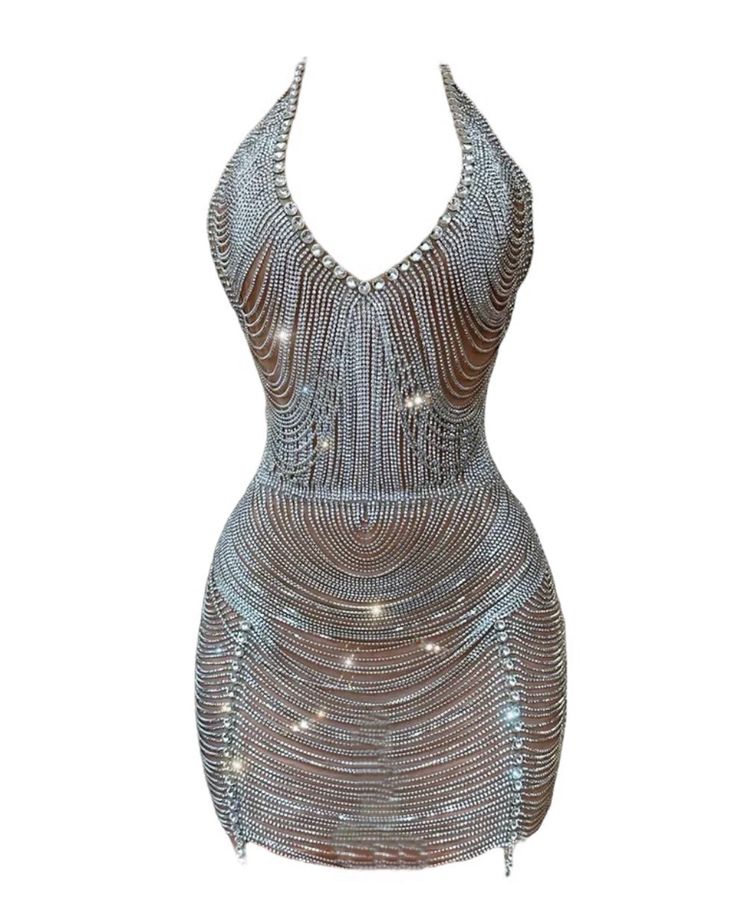 Rhinestone embellished dress with sheer front. Elegant Mini Mesh Dress With Sheer Bodice, Summer Mini Dress With Rhinestone Fringe For Night Out, Elegant Mesh Dress With Sheer Bodice In Mini Length, Sleeveless Embellished Backless Cocktail Dress, Bodycon Mini Dress With Sheer Bodice For Evening, Evening Bodycon Mini Dress With Sheer Bodice, Summer Night Out Mini Dress With Sheer Bodice, Summer Sheer Bodice Mini Dress For Night Out, Summer Mini Dress With Sheer Bodice For Night Out