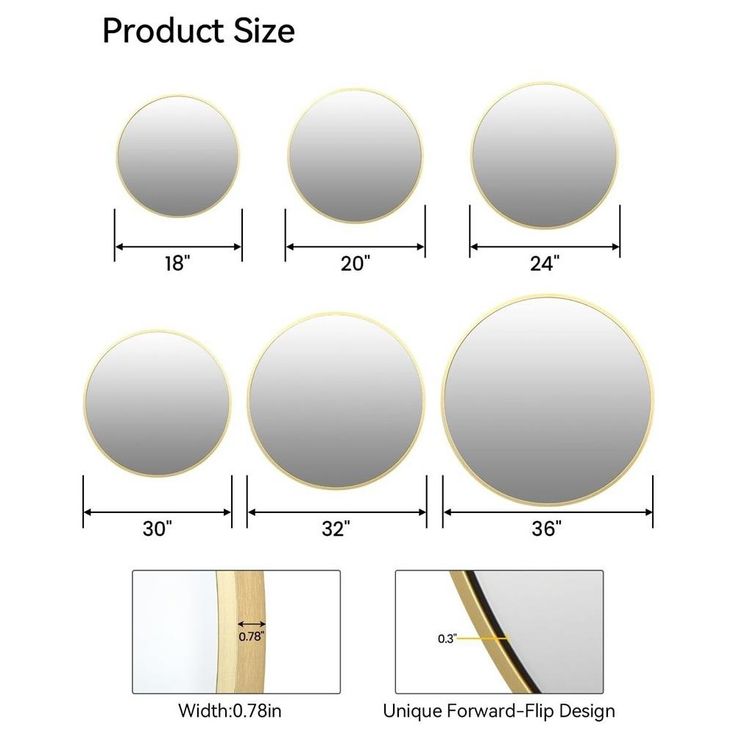 the sizes of mirrors are shown with measurements for each one and two sides, along with three