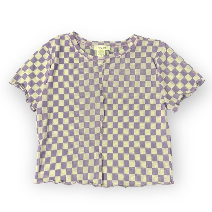 All Orders Ship Next Business Day! Purple Checkered Mesh Crop Top With Ruffled Hems Conditions: New/Clean Condition/Good Condition/No Holes/No Stains/No Pilling/No Fade The Color Is Purple And White Size M Chest: 16" Sleeve: 7" Length: 17" Measurements Are Approximate (Note: This Is A Disclaimer That There Is Room For Error In The Above Measurements!) Crewneck With Ruffled Hems - Never Worn/Nwot Made In Mexico: 90% Polyester 10% Spandex #Retro #Festival #Y2k #Statement #Streetwear #Grunge #Light Summer Casual Tops With Grid Pattern, Casual Summer Tops With Grid Pattern, Casual Grid Pattern Tops For Summer, Casual Gingham Crew Neck Top, Casual Fitted Tops With Grid Pattern, Casual Fitted Top With Grid Pattern, Fitted Casual Tops With Grid Pattern, Trendy Grid Pattern Tops For Spring, Summer Plaid Crew Neck Top