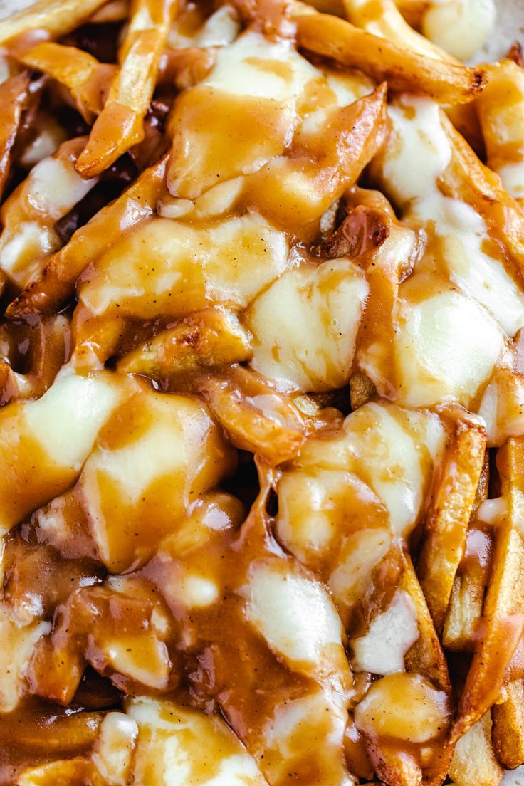 a pile of french fries covered in cheese and sauce