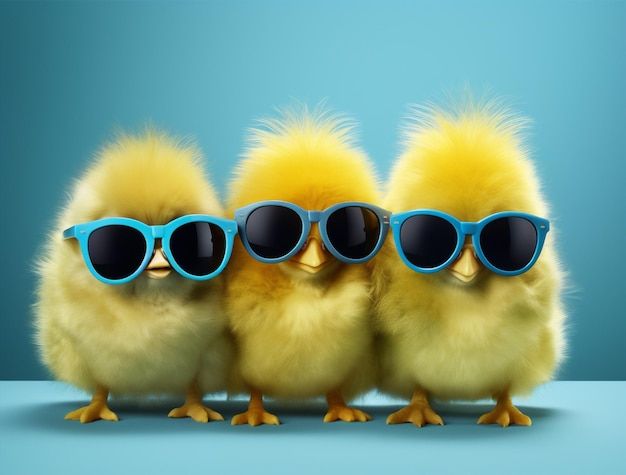 three little chicks wearing sunglasses and sitting next to each other on a blue surface with a light blue background