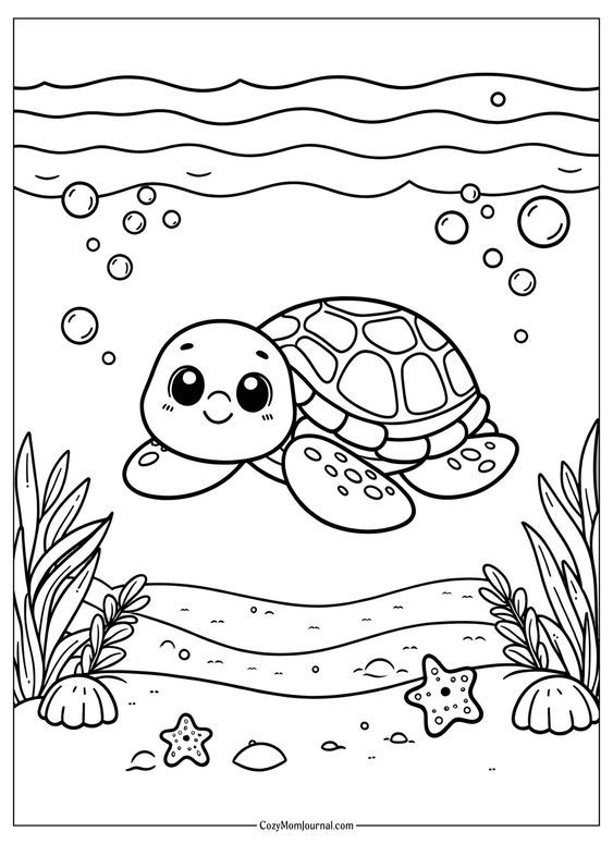 a turtle swimming in the ocean coloring page