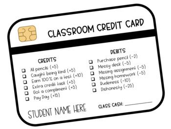 a classroom credit card is shown with the student name here highlighted in black and white