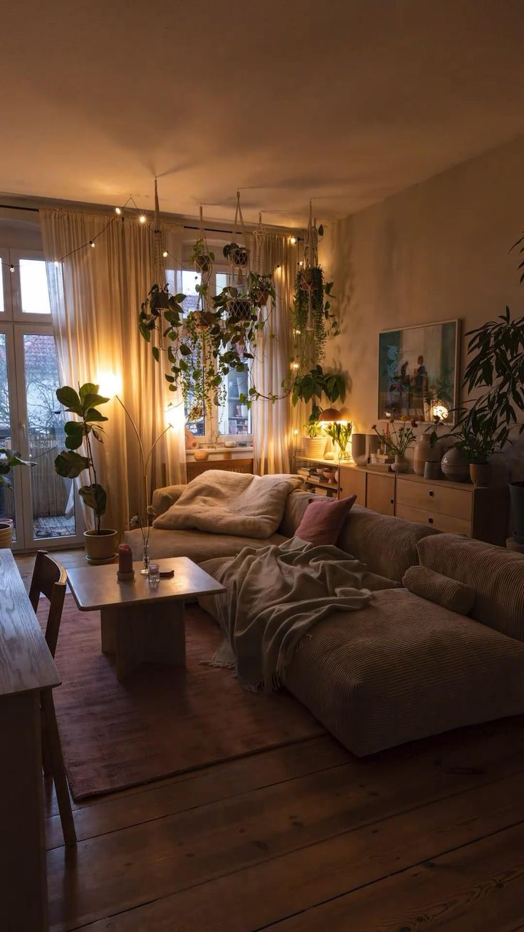 a living room filled with lots of furniture and plants on the windows sills