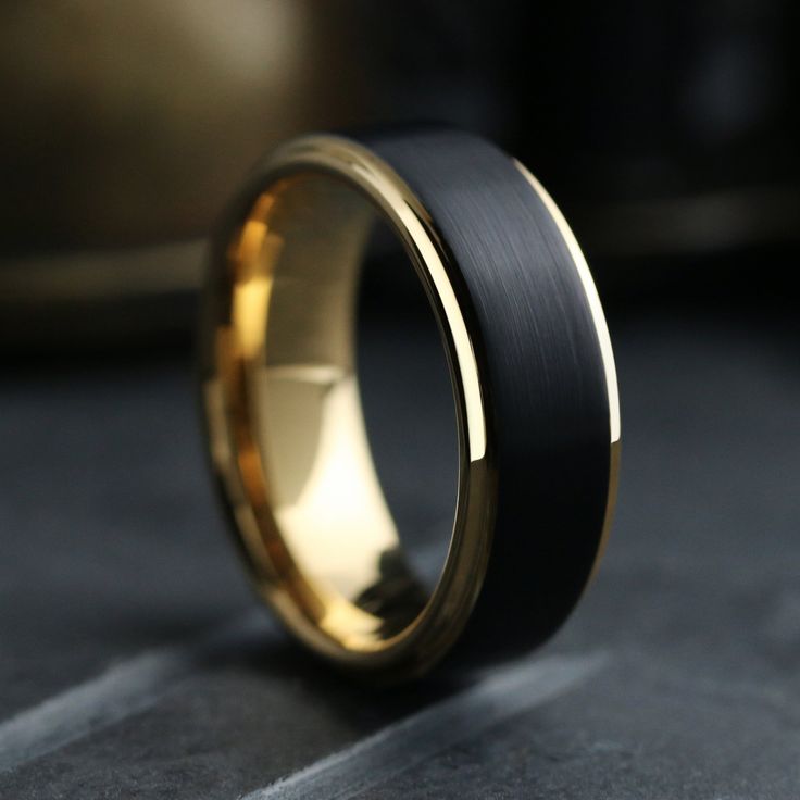 Men's Black and Yellow Gold Wedding Band - The Gatsby 3 / Men's Tungsten Yellow Gold Wedding Band Marriage Rings For Man, Black Band Rings Men, Men Wedding Band Tungsten, Black Man Wedding Ring, His Ring Wedding Bands, Black Gold Ring Mens, Men�’s Black Rings, Gold Mens Rings Wedding, Black Male Wedding Bands