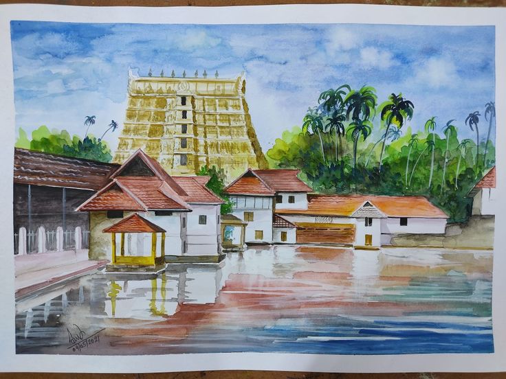 a watercolor painting of some buildings in the middle of a body of water with palm trees behind them