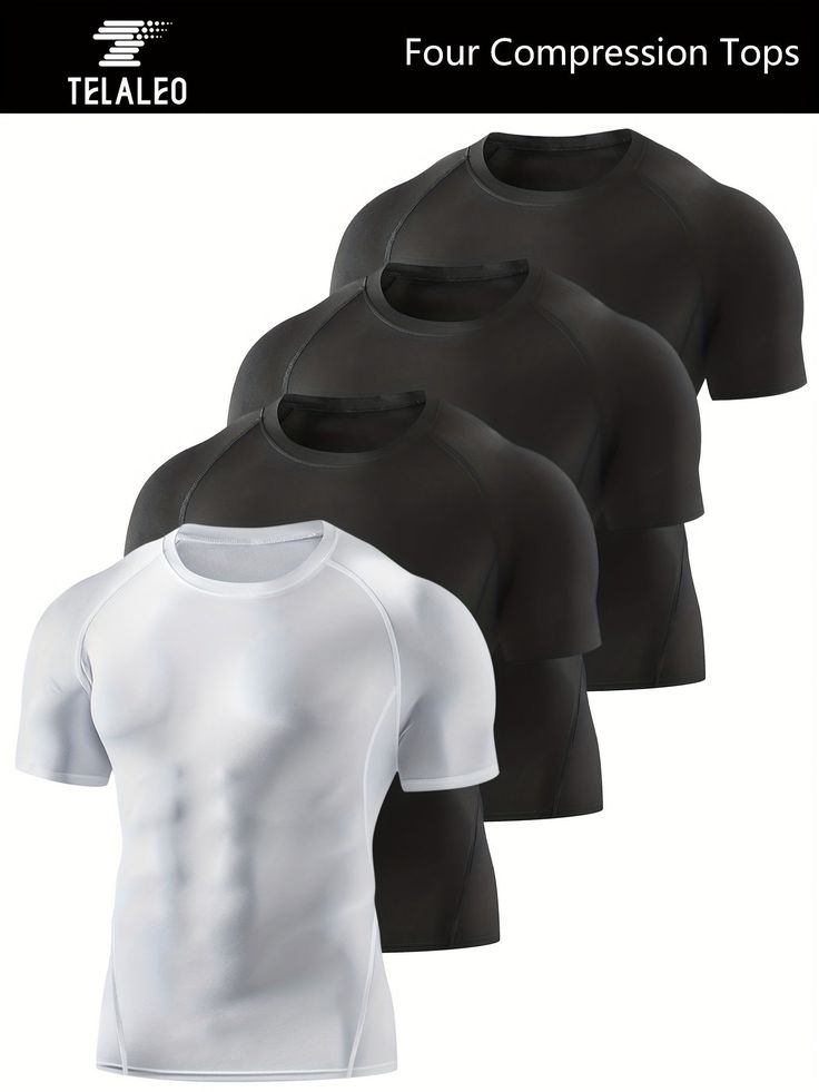 Introducing our Men's 4Pack Solid Stretch Compression Workout Shirts, designed to enhance your performance and comfort during any workout or sports activity. These shirts are made with a high-quality polyester material that provides medium stretch and a skinny fit, perfect for adult athletes all year round. Benefits of our Men's 4Pack Solid Stretch Compression Workout Shirts: Boost your performance with the compression technology that supports your muscles and reduces fatigue Stay comfortable during intense workouts with the breathable and moisture-wicking fabric Look stylish with the solid color design that is perfect for any sports scene Easily care for your shirts with machine wash instructions and enjoy the durability of the knit fabric Experience a flattering fit with the crew neck an Technical Compression T-shirt With Moisture-wicking, Black Dri-fit Short Sleeve Activewear, Black Moisture-wicking Sports Shirt, Snug Fit Short Sleeve Gym T-shirt, Fitted Black Shirt For Gym, Sporty Fitted Black Shirt, Black Fitted Sporty Shirt, Functional Compression T-shirt Sweat Resistant, Technical Sweat Resistant Short Sleeve Activewear